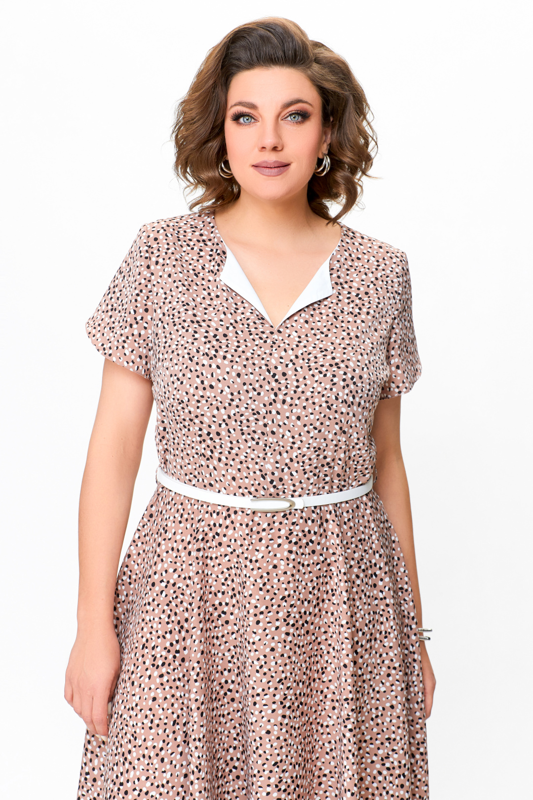 Платье Swallow 742 бежевый, принт в белые и чёрные  «камни - фото 5