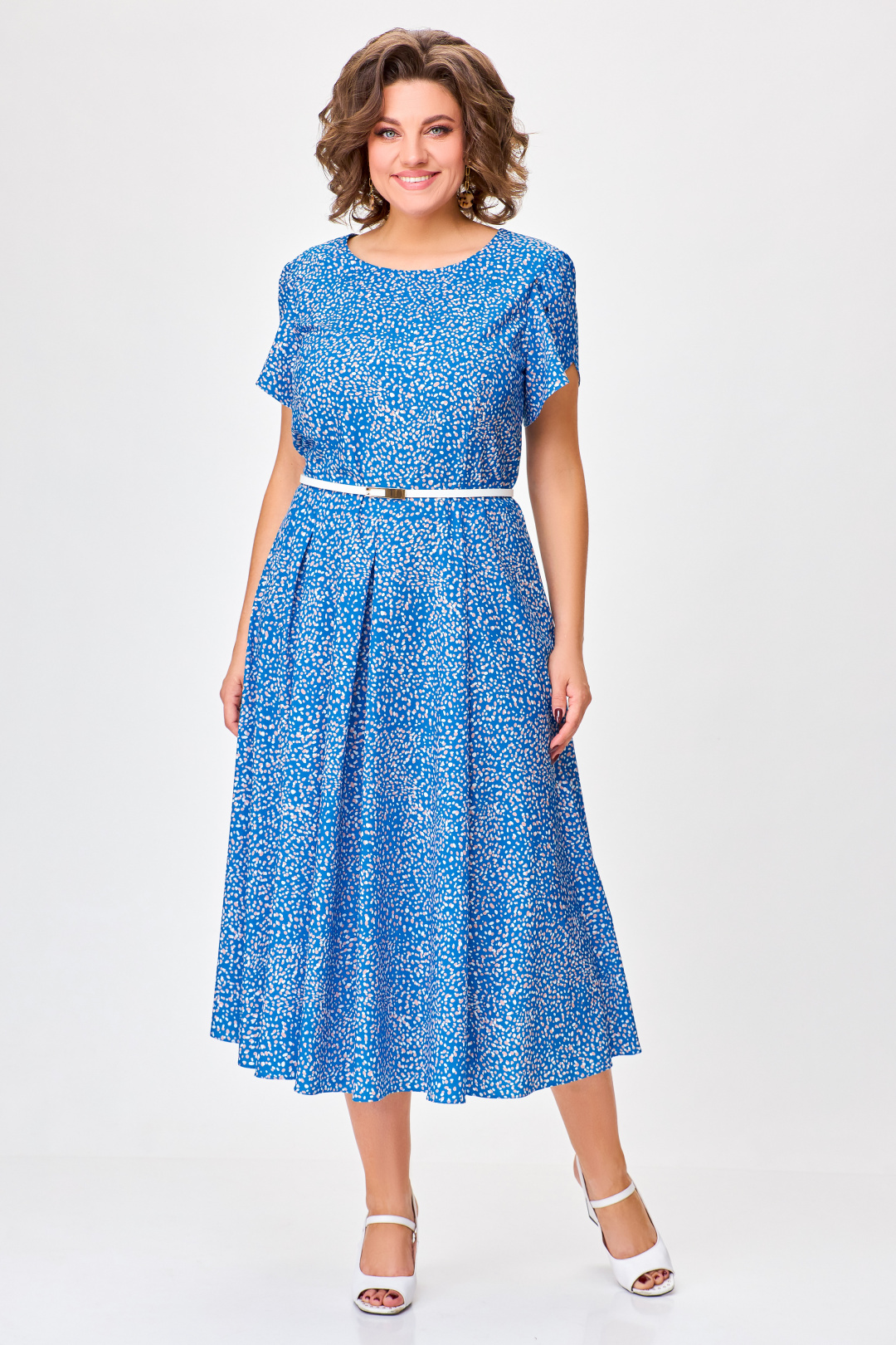 Платье Swallow 757 ярко голубой в принт "бел. и беж. камушки" - фото 1