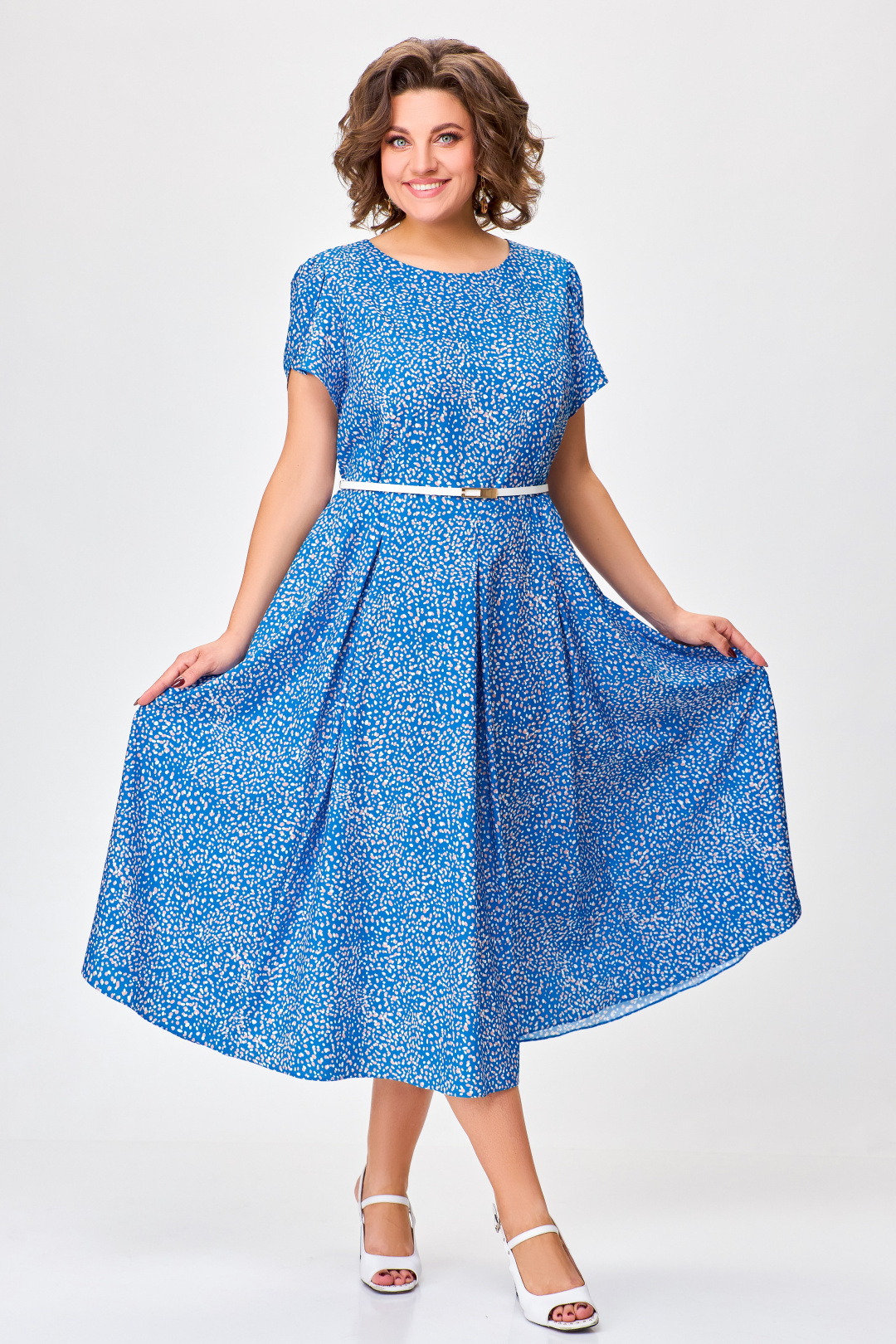 Платье Swallow 757 ярко голубой в принт "бел. и беж. камушки" - фото 2