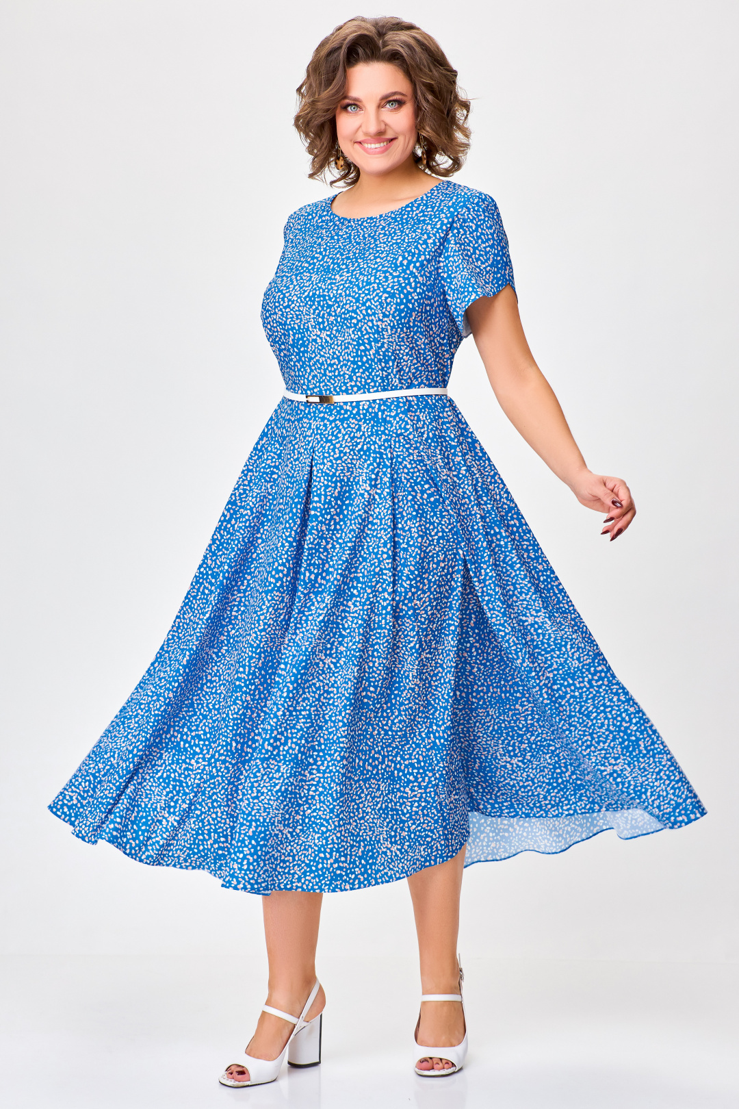 Платье Swallow 757 ярко голубой в принт "бел. и беж. камушки" - фото 4