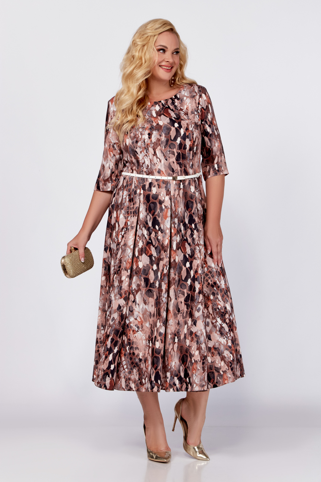 Платье Swallow 765 светло коричневый в принт "цветные камни" - фото 3