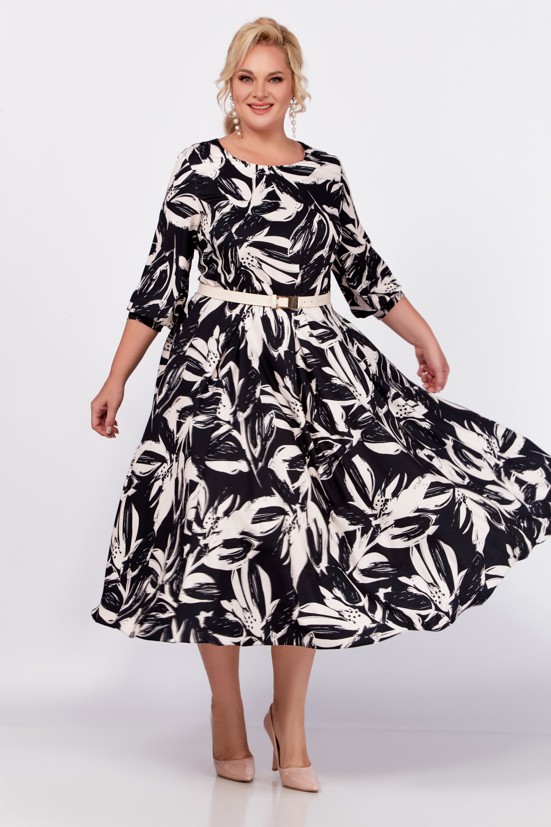 Платье Swallow 778 черный, принт бежевые цветы - фото 3