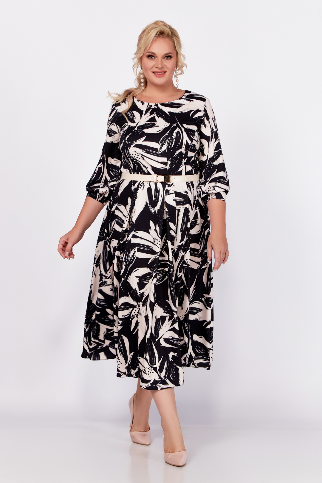 Платье Swallow 778 черный, принт бежевые цветы - фото 4