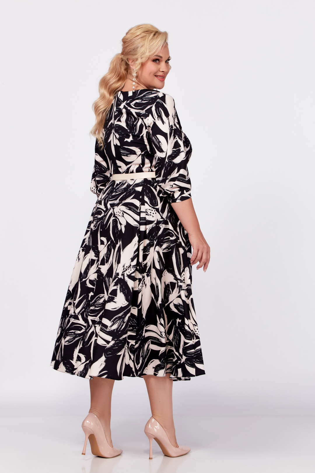 Платье Swallow 778 черный, принт бежевые цветы - фото 5