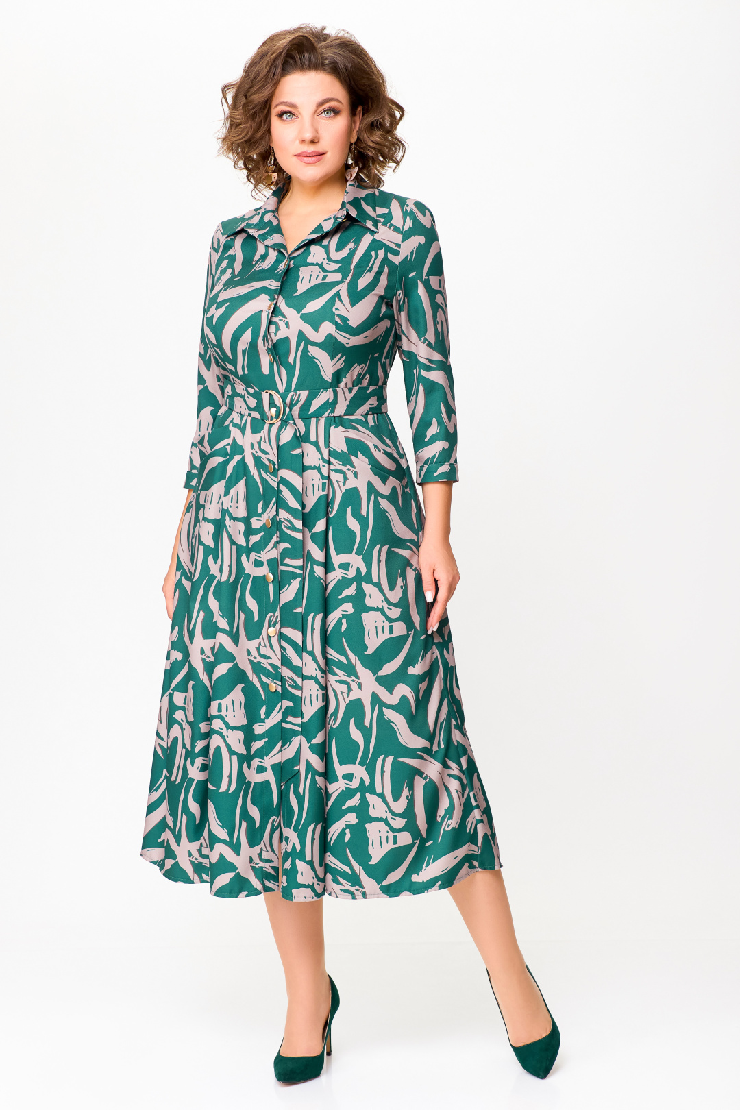 Платье Swallow 784.2 изумруд, принт бежевая абстракция - фото 1