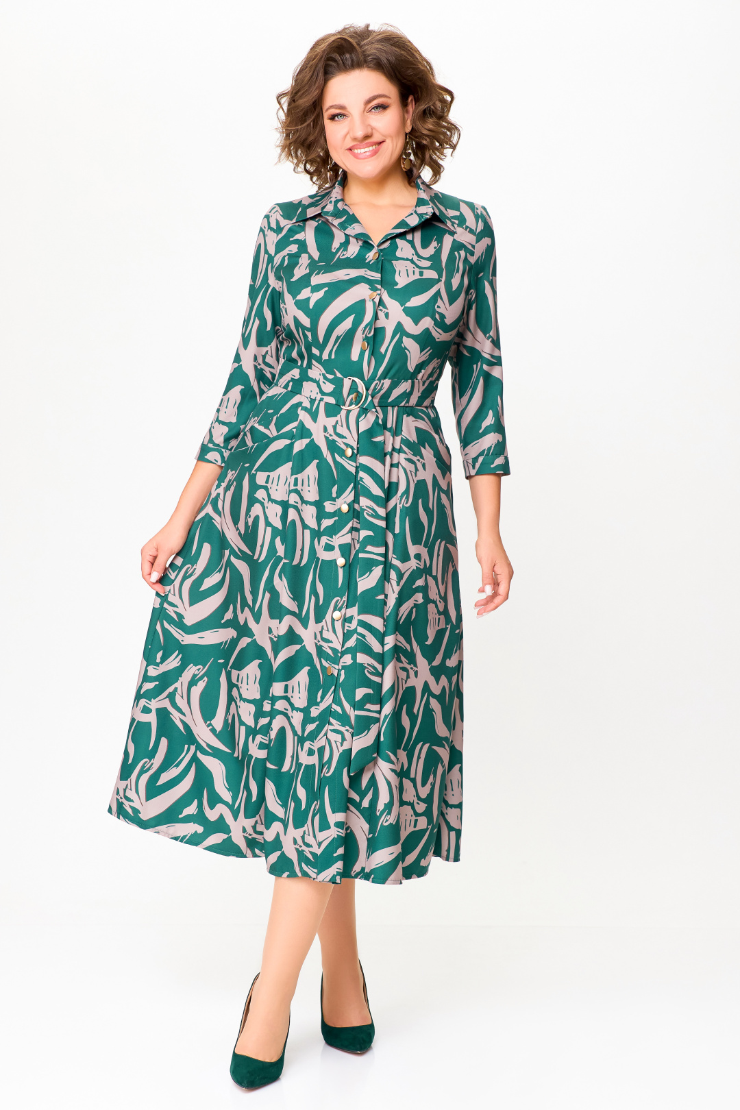 Платье Swallow 784.2 изумруд, принт бежевая абстракция - фото 2