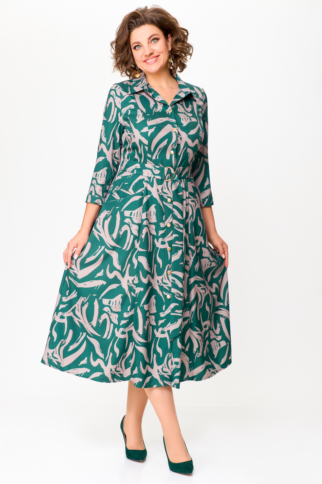 Платье Swallow 784.2 изумруд, принт бежевая абстракция - фото 3