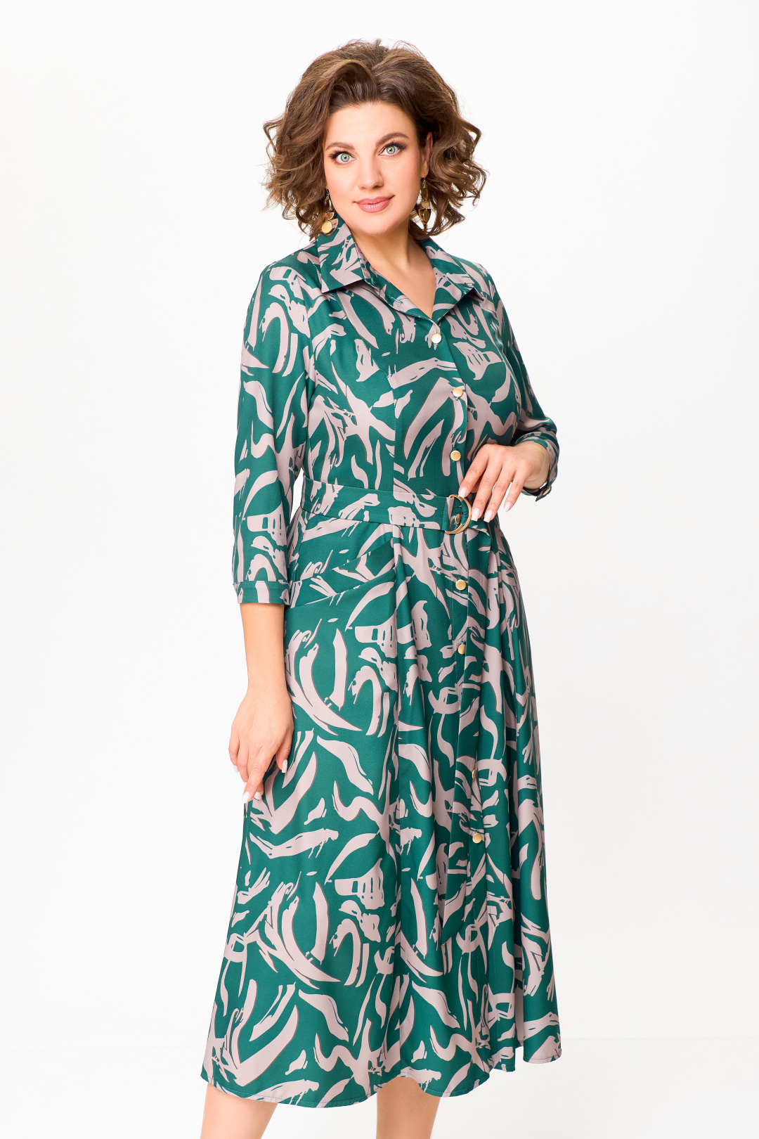 Платье Swallow 784.2 изумруд, принт бежевая абстракция - фото 4