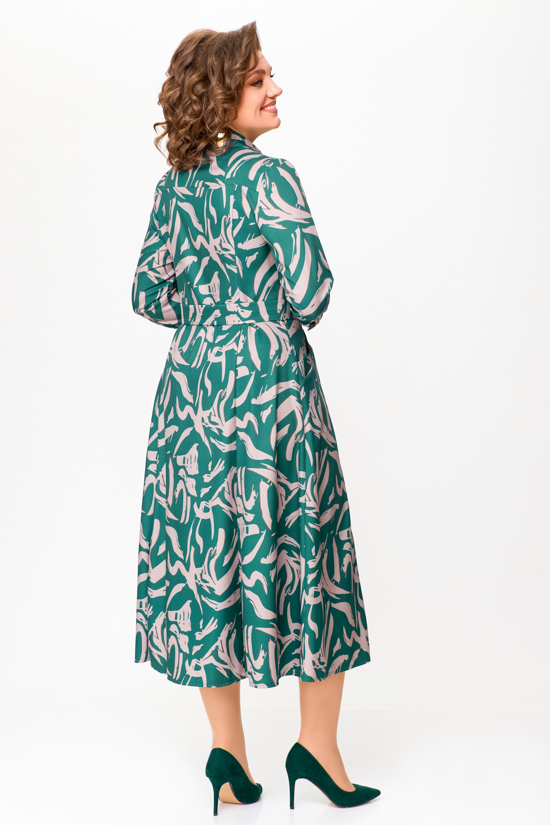 Платье Swallow 784.2 изумруд, принт бежевая абстракция - фото 5