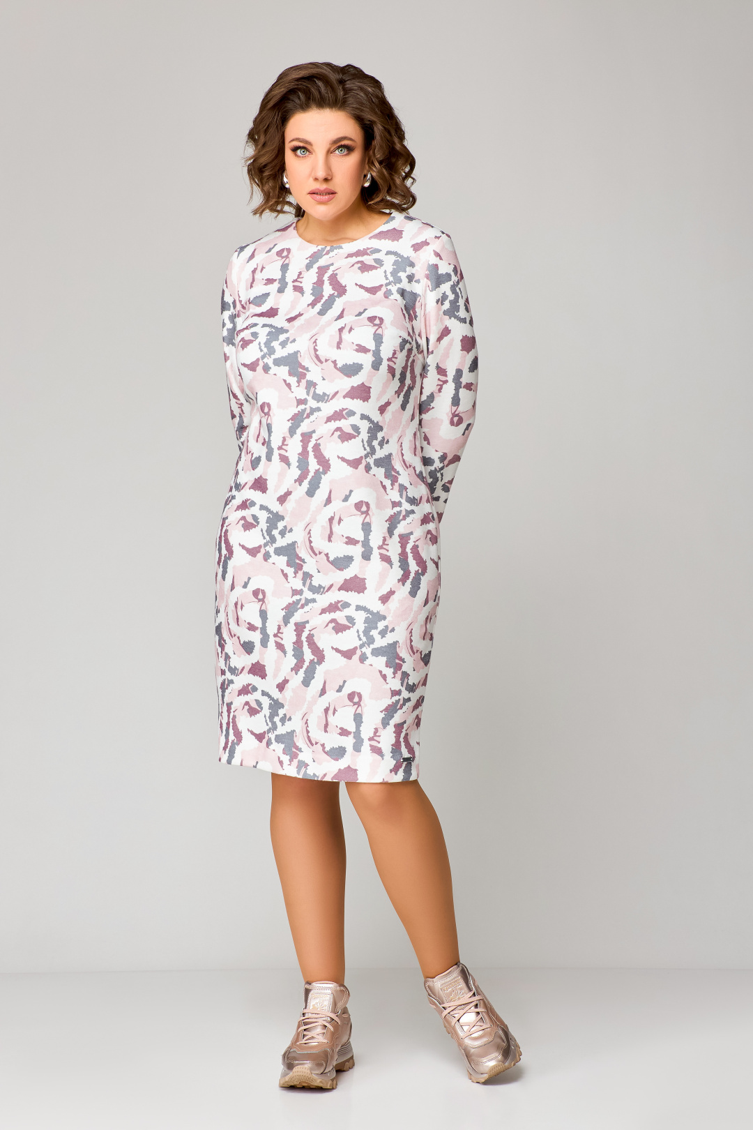 Платье Swallow 786.1 молочный в розово-серый принт
