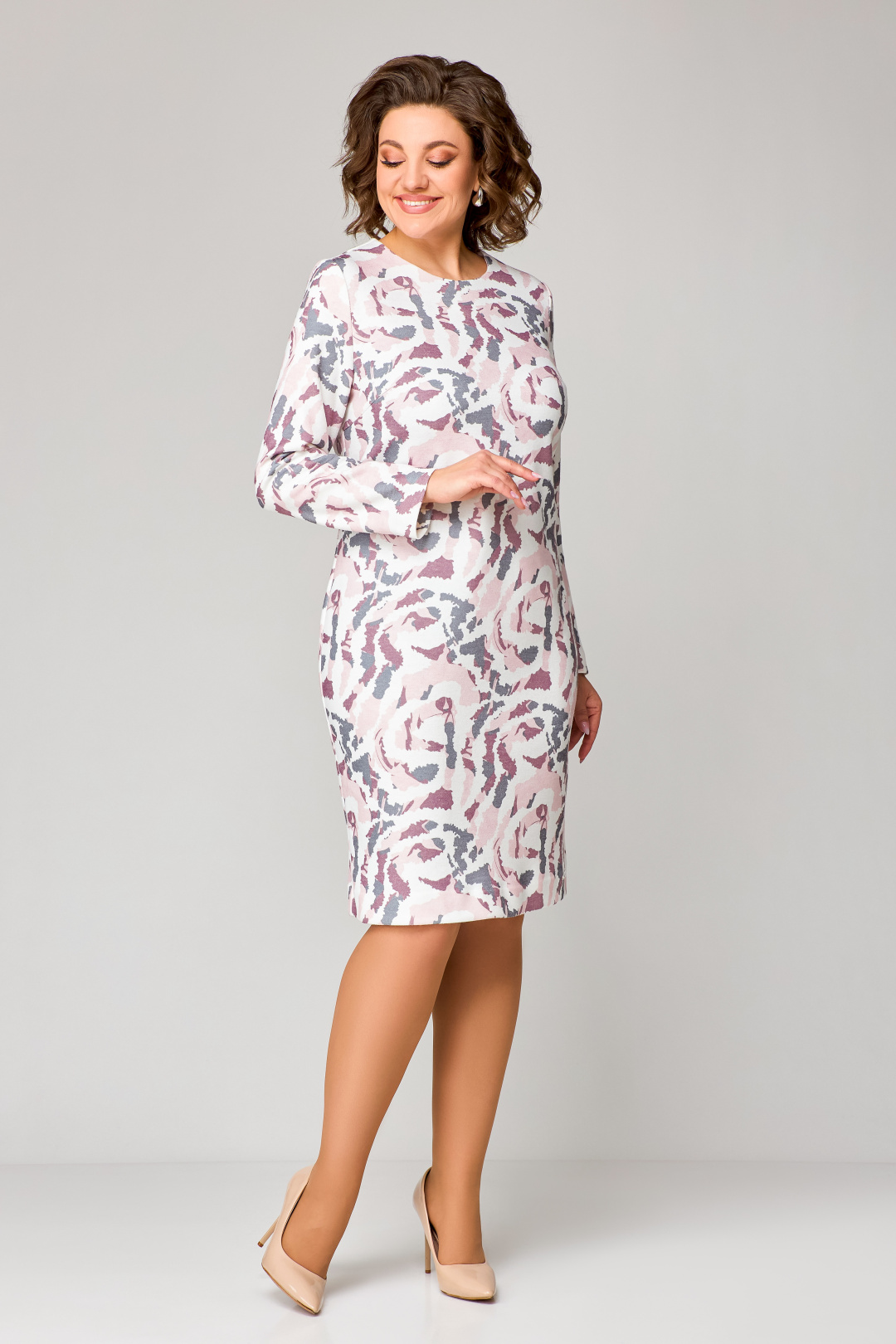 Платье Swallow 786.1 молочный в розово-серый принт