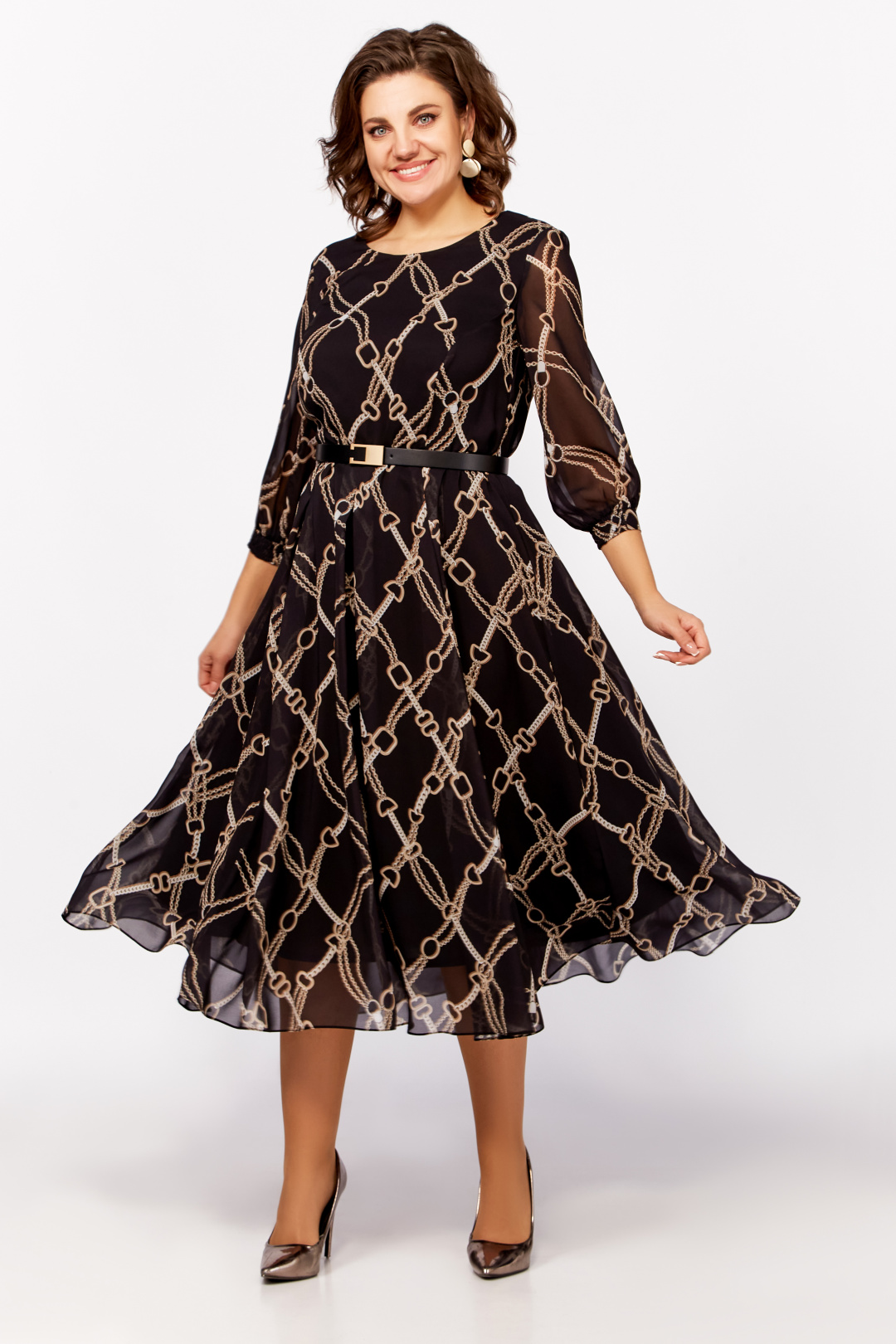 Платье Swallow 792.2 черный, принт бежевые цепи - фото 2