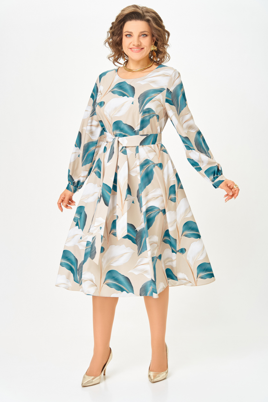 Платье Swallow 885-2 бежевый + голубой принт - фото 1