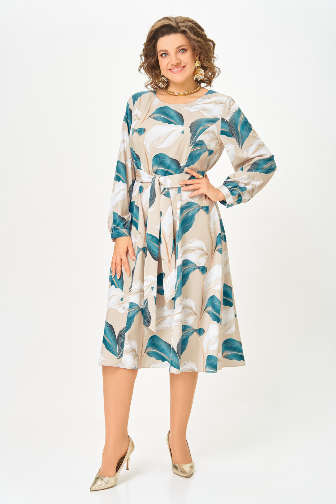 Платье Swallow 885-2 бежевый + голубой принт - фото 2