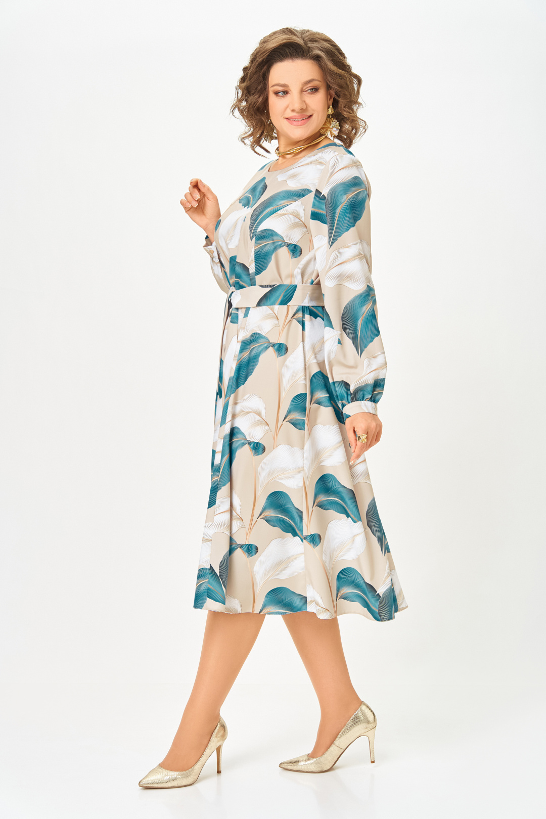 Платье Swallow 885-2 бежевый + голубой принт - фото 3