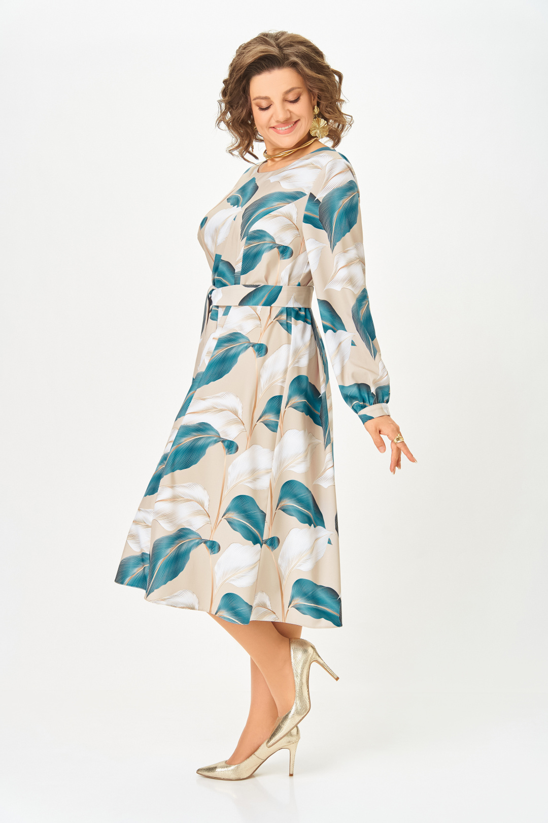 Платье Swallow 885-2 бежевый + голубой принт - фото 4