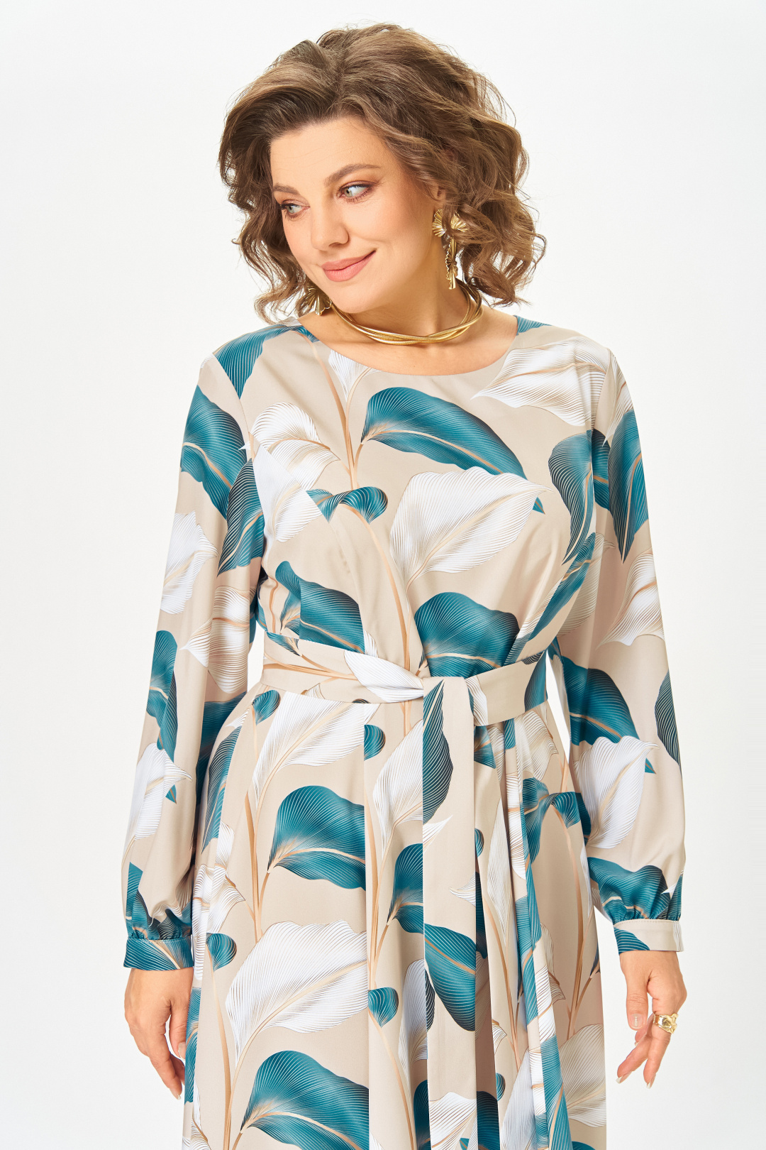 Платье Swallow 885-2 бежевый + голубой принт - фото 6