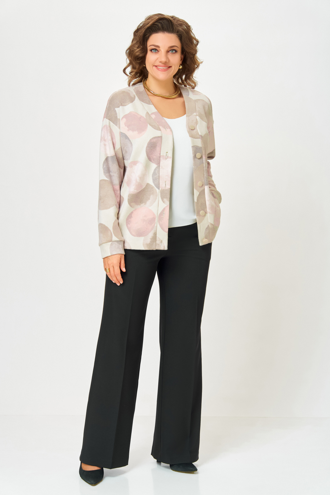 Кардиган Swallow 889-1 молочный+принт круги в тёмно-бежевых оттенках - фото 2