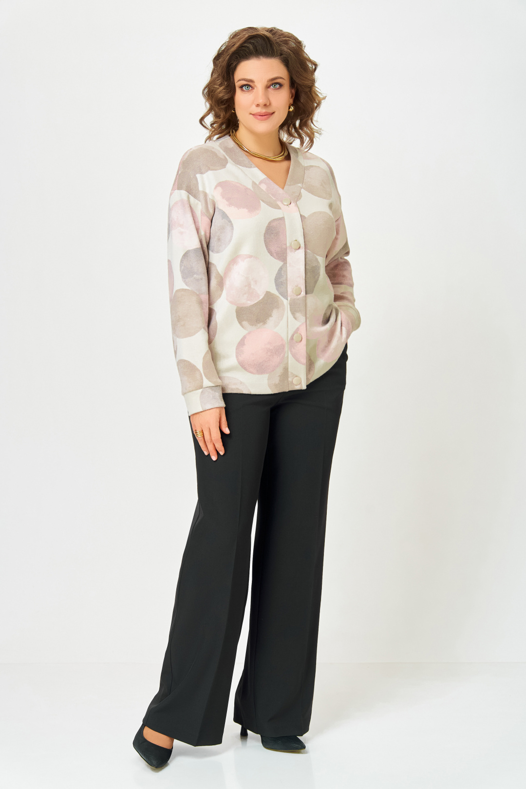 Кардиган Swallow 889-1 молочный+принт круги в тёмно-бежевых оттенках - фото 4