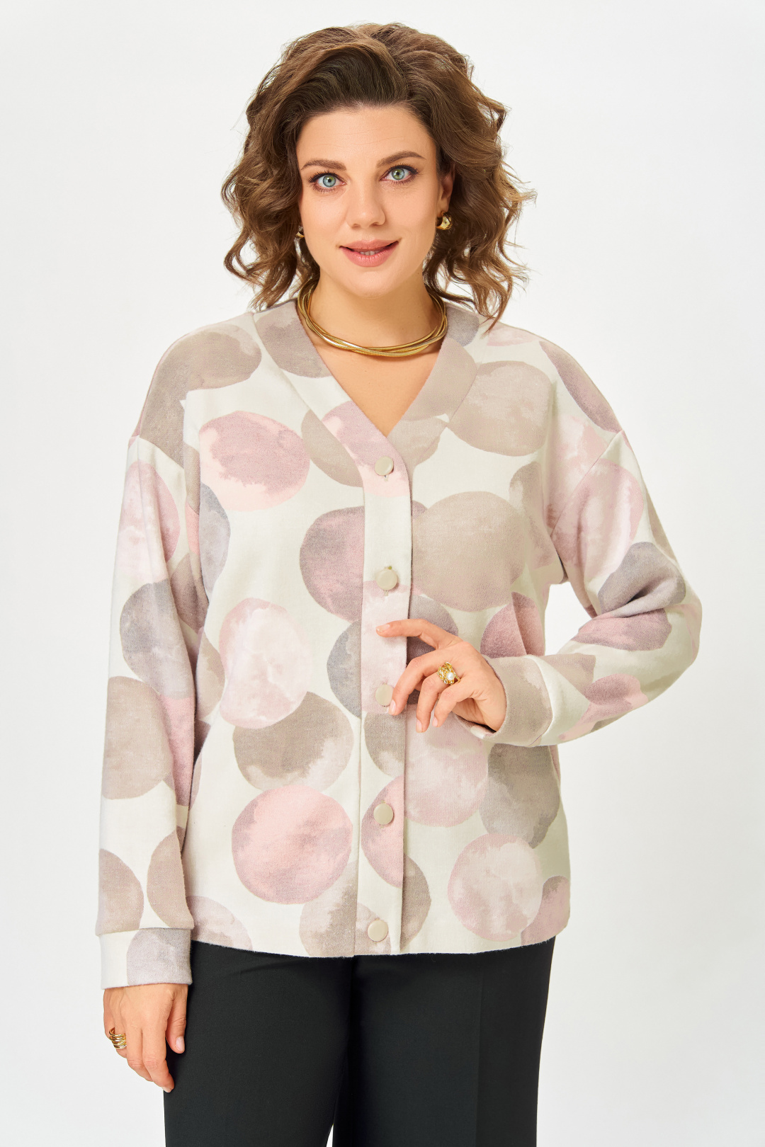 Кардиган Swallow 889-1 молочный+принт круги в тёмно-бежевых оттенках - фото 6