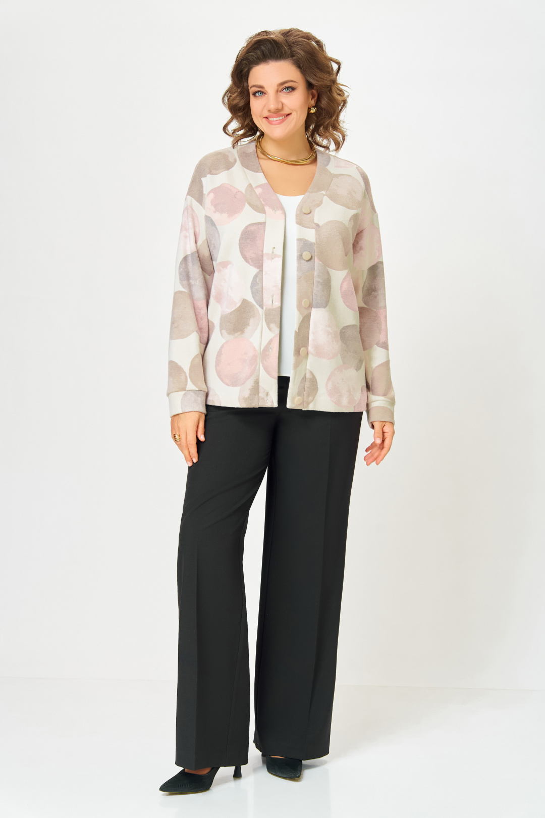 Кардиган Swallow 889-1 молочный+принт круги в тёмно-бежевых оттенках - фото 2