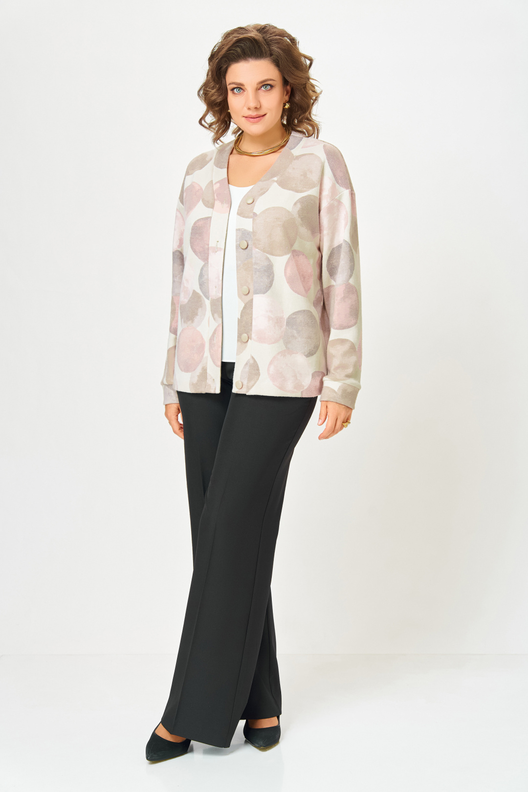 Кардиган Swallow 889-1 молочный+принт круги в тёмно-бежевых оттенках - фото 4