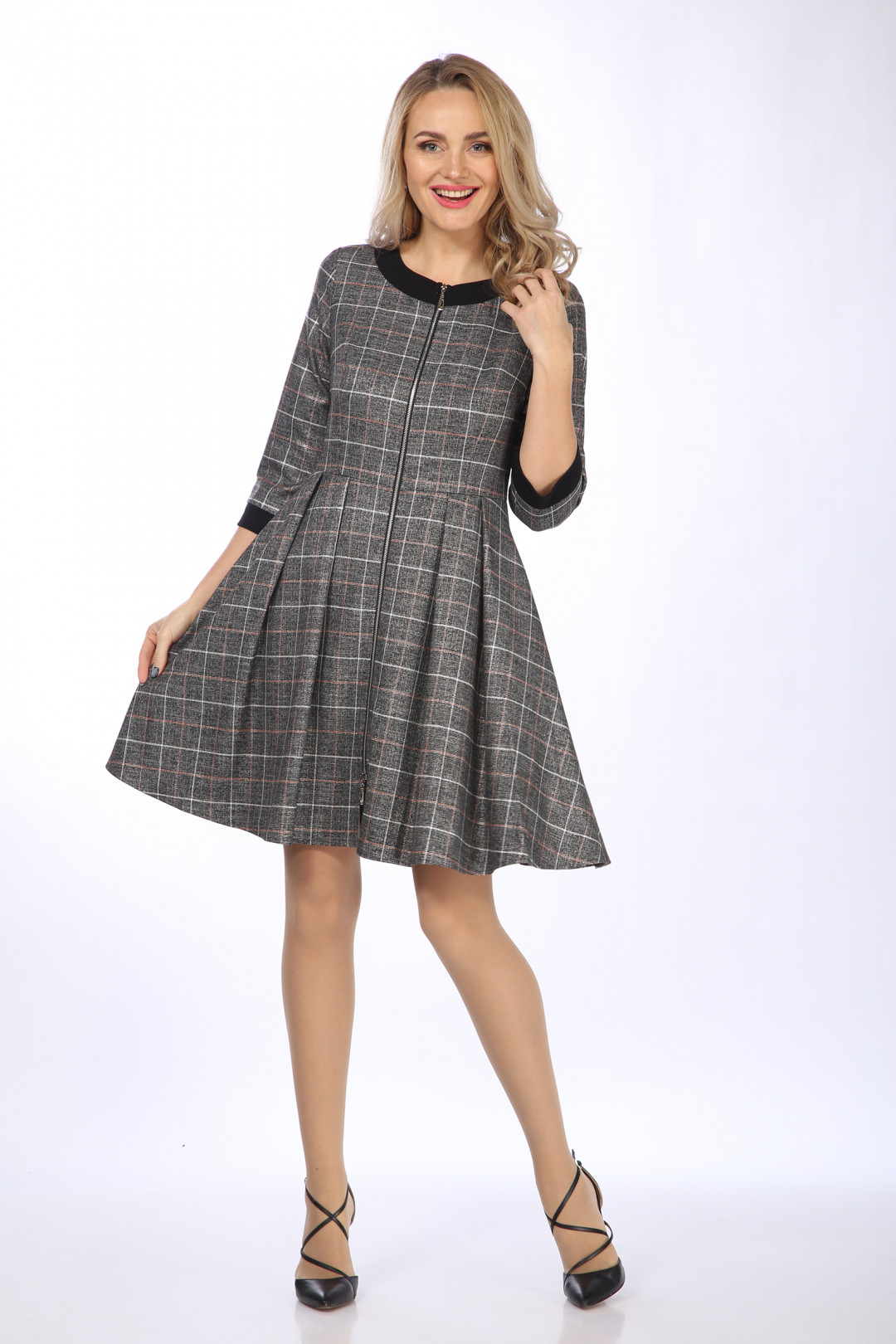 Платье LadyStyleClassic 1728 Серый с розово-желтой клеткой