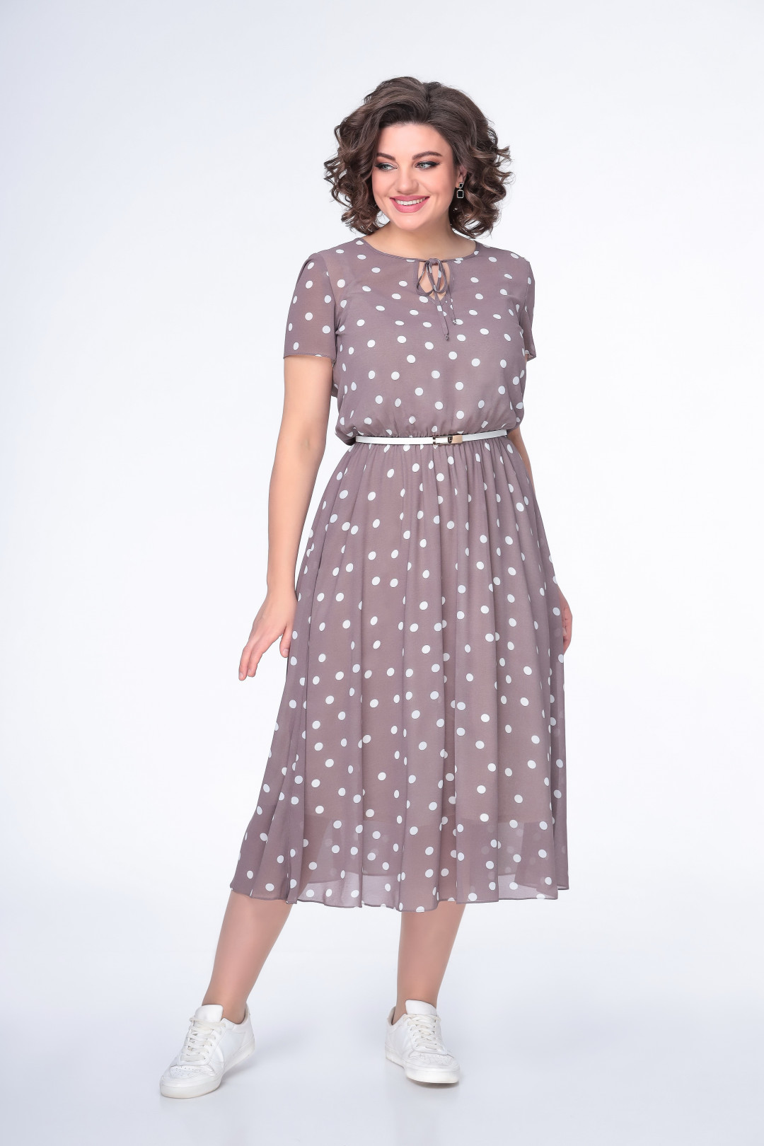 Платье Swallow 487 кофейный в белый горох - фото 1