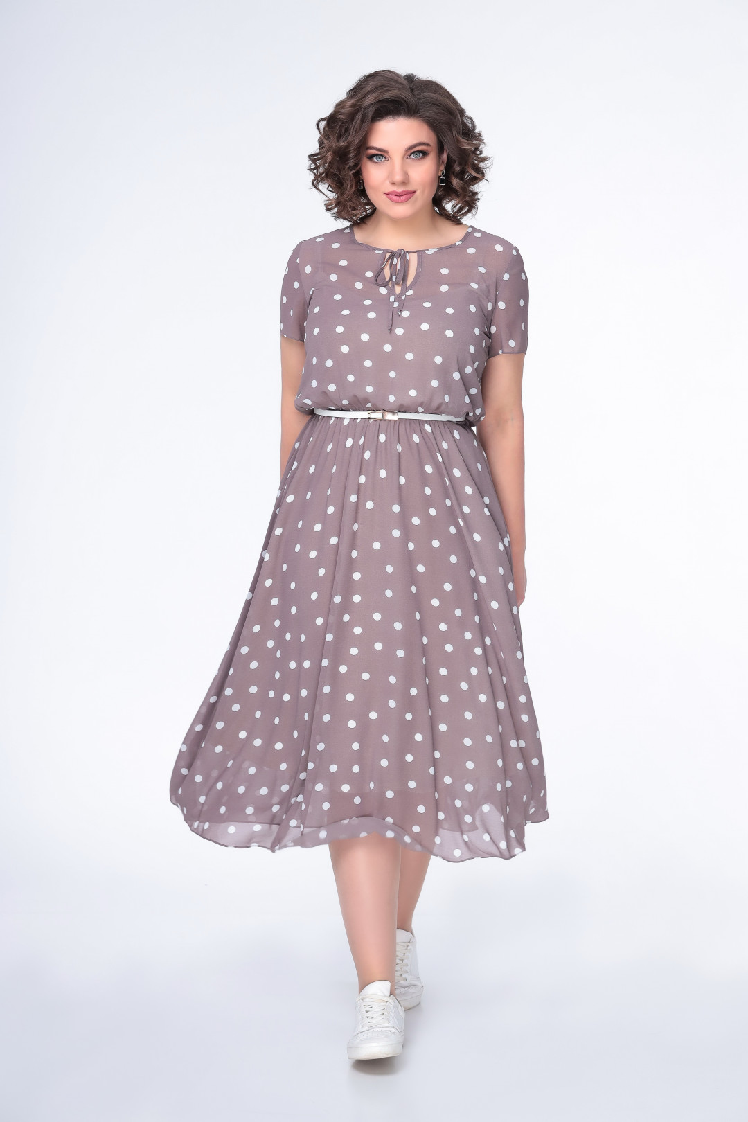 Платье Swallow 487 кофейный в белый горох - фото 3